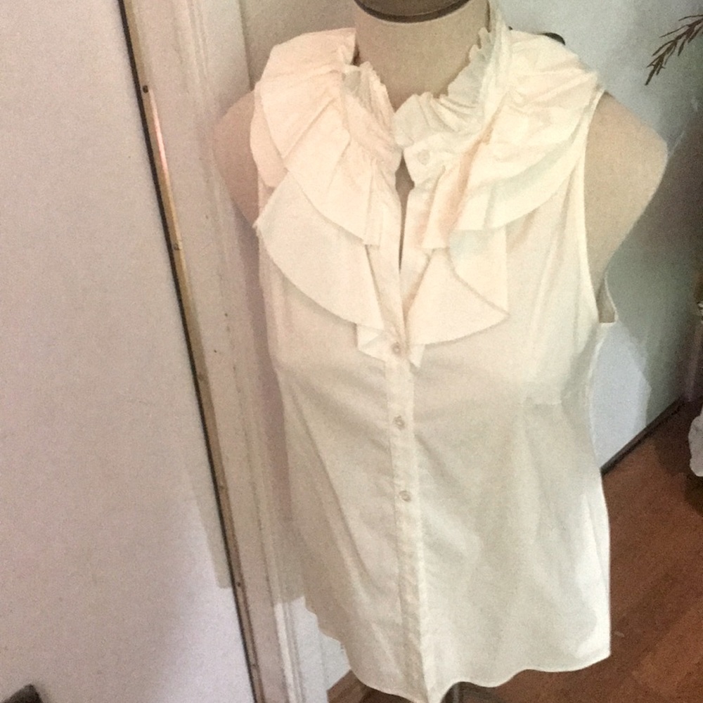 Gorgeous white sleeveless, ruffled Theory blouse